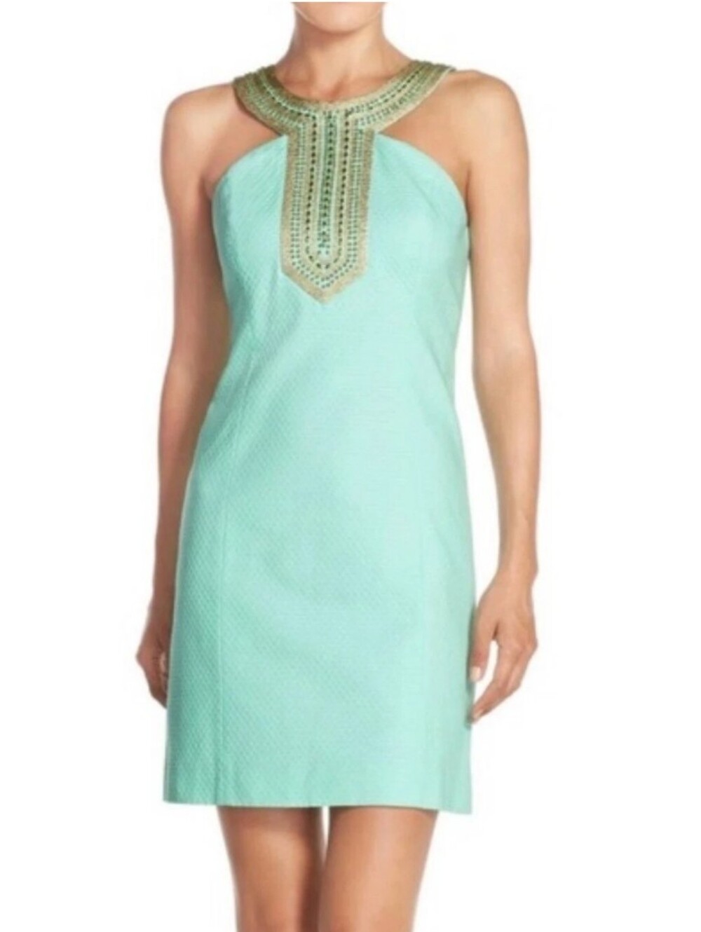 LILLY PULITZER Adelina Beaded Halter Shift Dress In Poolside Blue Gold Size 6